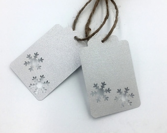 Holiday Gift Tags, Handmade Set of 6, Silver Shimmer with Jute Cord, Christmas, Hanukkah, Winter