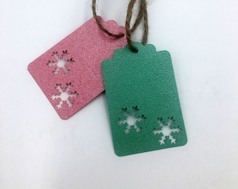 Christmas Gift Tags, Set of 6 Handmade Red and Green Shimmer with Jute Cord