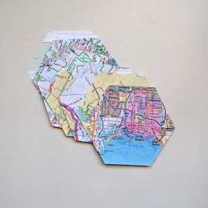 Vintage Hexagon Die Cuts from Map / Atlas Paper, Set of 10, Travel, Scrapbook, Paper Craft, Junk Journal