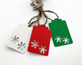 Christmas Gift Tags, Handmade Set of 6, Red, Green, White Reversible with Jute Cord