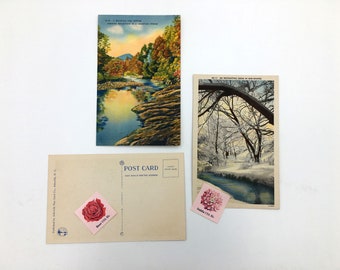 Vintage Postcard & Stamp, Scenic Streams, Correspondence, Pen Pals, Snail Mail