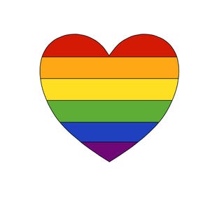 May include: A rainbow heart with red, orange, yellow, green, blue, and purple stripes.