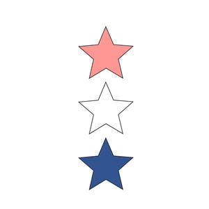 May include: Three stars in a vertical line, the top star is pink, the middle star is white, and the bottom star is blue.