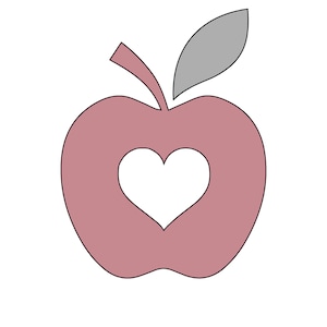 May include: A pink apple with a white heart cut out of the center. The apple has a gray leaf on top.