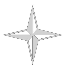 May include: A gray four-pointed star with a white center.