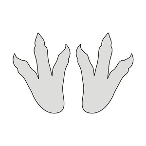 May include: A pair of light grey dinosaur footprint outlines with black borders, set against a white backdrop. Each footprint features three toes. The image is a simple graphic illustration.