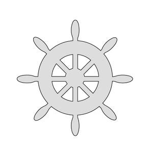 Peut inclure: Un gouvernail de navire gris et blanc à huit rayons.