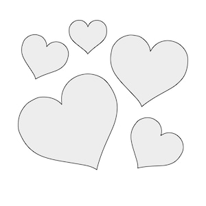 May include: Five gray hearts of different sizes, outlined in black, are arranged in a cluster on a white background.