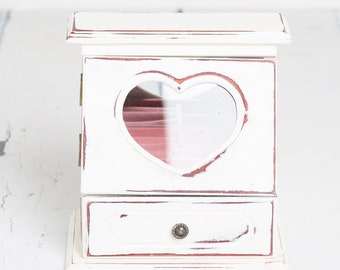 Shabby chic jewellery box. Vintage jewellery bureau style  Distressed Jewelry box. Heart Window