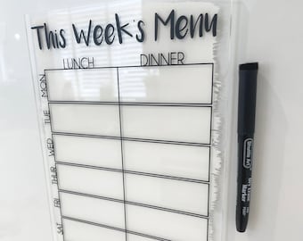 Clear Acrylic Food Planner, A4 Size, Wipeable Sign with Drywipe Pen - Weekly Menu Organizer for Kitchen