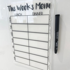 Clear Acrylic Food Planner, A4 Size, Wipeable Sign with Drywipe Pen - Weekly Menu Organizer for Kitchen