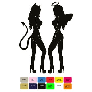 May include: Silhouette of two figures, one with angel wings and a halo, the other with a tail and horns. The figures are posed in a contrasting manner, suggesting a good versus evil theme. The image is in black and white.
