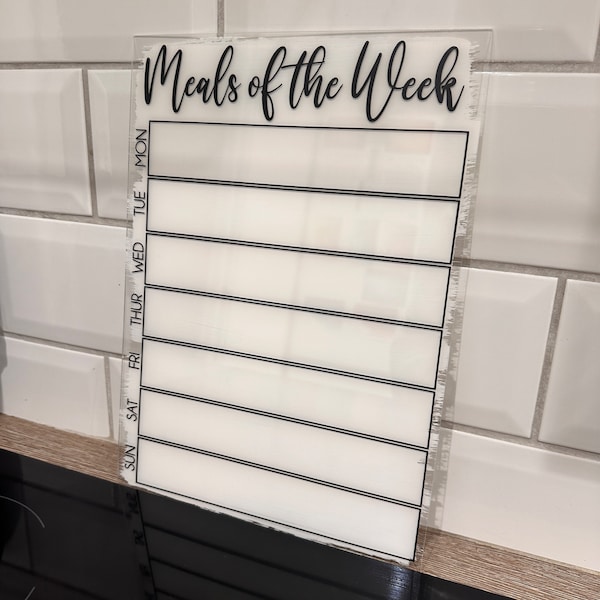Painted Clear Acrylic Food Planner, A4 Size, Wipeable Sign with Drywipe Pen - Weekly Menu Organiser for Kitchen - Meals Of The Week
