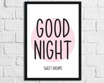 Goodnight Sweet Dreams Pink Children's Teenager Room Wall Decor Print