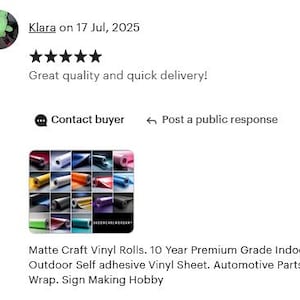 May include: A grid of colorful matte craft vinyl rolls, showcasing various shades including red, blue, and green. The text reads: "Matte Craft Vinyl Rolls. 10 Year Premium Grade Indoor Outdoor Self adhesive Vinyl Sheet. Automotive Parts Wrap. Sign Making Hobby."