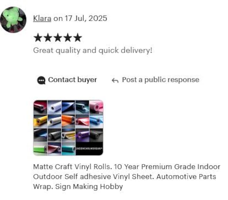 May include: A grid of colorful matte craft vinyl rolls, showcasing various shades including red, blue, and green. The text reads: "Matte Craft Vinyl Rolls. 10 Year Premium Grade Indoor Outdoor Self adhesive Vinyl Sheet. Automotive Parts Wrap. Sign Making Hobby."