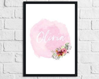 Gepersonaliseerde roze aquarel naam bloemen kinderkamer muurdecoratie print