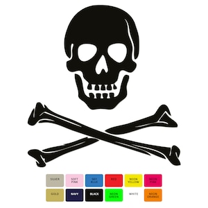 Op de afbeelding: Een zwart-wit ontwerp van een schedel en gekruiste beenderen. De schedel is gedetailleerd met oogkassen, een neus en een mond. De gekruiste beenderen zijn eenvoudig en symmetrisch.