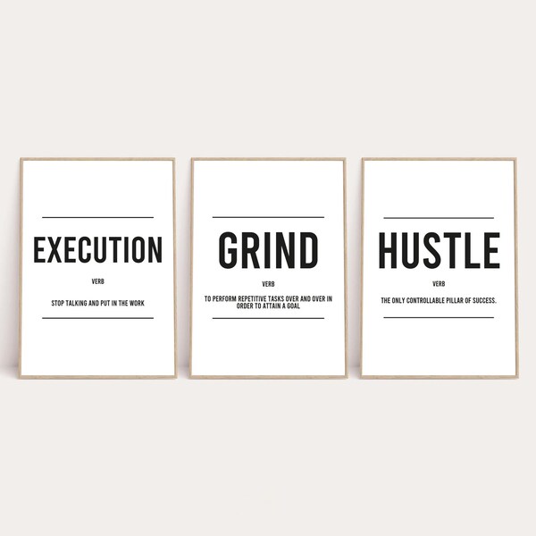 Grind Hustle Execution Inspirierendes Wanddekor-Zitat-Druck-Set mit 3 Stück