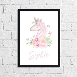 Nome dell'acquerello personalizzato Nome dell unicorno della stanza dei bambini Stampa della decorazione della parete