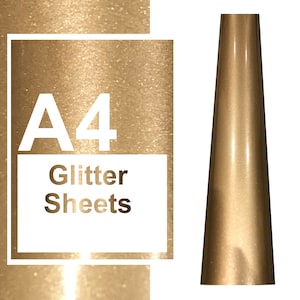 Op de afbeelding: A4-formaat gouden glittervellen. De vellen hebben een glinsterende, metallic afwerking.