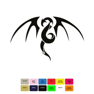 Puede incluir: Un diseño de dragón negro con alas extendidas, presentado sobre un fondo blanco. El dragón tiene una apariencia estilizada y tribal. Las opciones de color se muestran debajo, incluyendo plata, oro y colores neón.
