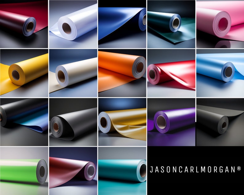 May include: A grid of rolls of colored vinyl material in various shades, including red, white, blue, green, and black. The rolls are displayed against a dark background, showcasing the different colors and textures of the vinyl.