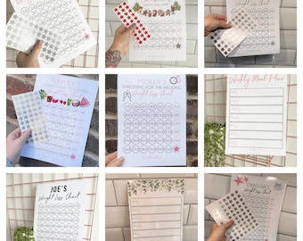 May include: A set of printable weight loss charts with different themes, including Christmas, summer, wedding, and general weight loss. Each chart features a grid of circles with numbers, allowing users to track their progress. The charts are designed to be used with sticker stars, which are also included in the set.