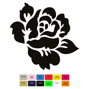 Puede incluir: Un diseño floral negro, posiblemente una plantilla o gráfico, está centrado sobre un fondo blanco. El diseño se asemeja a una rosa o peonía. Debajo, muestras de color con etiquetas de varios colores, incluyendo plata, oro y tonos neón.