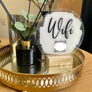 Wifi QR Code Scan Me Painted Acrylic Plaque Sign With Wooden Base