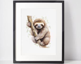 Babyluiaard op tak groen dier kinderkamer kinderkamer muurdecoratie print