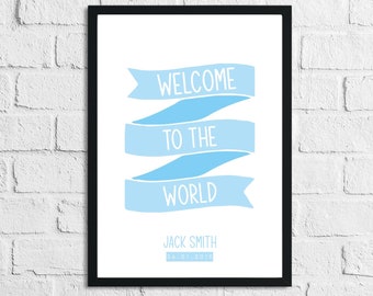 Gepersonaliseerde babyjongen Welcome To The World-print: blauw kinderkamerdecoratie