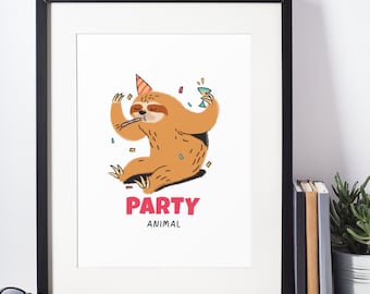 Feestbeest luiaard humoristische muurdecoratie print thuis