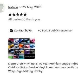 May include: A collage of matte craft vinyl rolls in various colors, including red, blue, and green. The text reads "Matte Craft Vinyl Rolls. 10 Year Premium Grade Indoor Outdoor Self adhesive Vinyl Sheet. Automotive Parts Wrap. Sign Making Hobby."