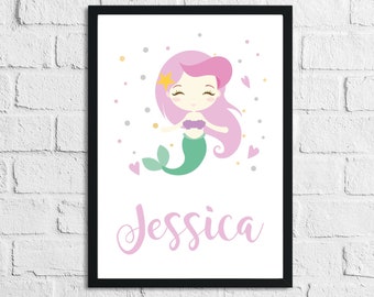 Personalised Name Mermaid Kids Children's Room Wall Decor Print