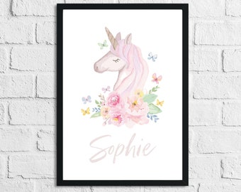 Personalised Watercolour Unicorn Name Children's Room Wall Decor Print