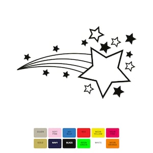 Puede incluir: Ilustración en blanco y negro de una estrella fugaz con una estrella grande en el centro y estrellas más pequeñas alrededor.