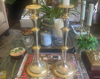 Pair Tall Gold and Silver Colored Candle Holders
