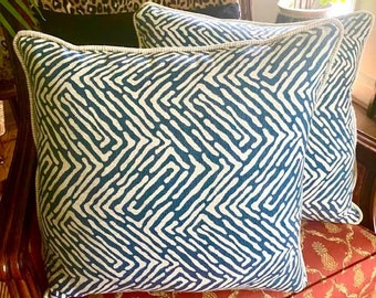 Pair Vintage Throw Pillows Blue Geometric Pillows Decorative Throw Pillows