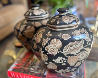 Pair of Lidded Black and Tan Chinese Jars