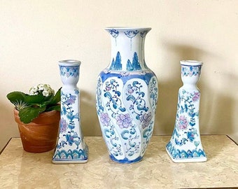 Large Chinoiserie Vase and Candle Holders Vintage Chinoiserie Blue and White Chinoiserie Chinoiserie Chic Decor Asian Decor Oriental Decor