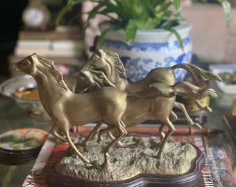 Vintage Wild Horses Brass Sculpture