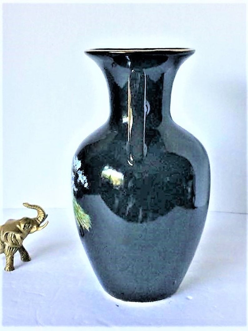 Vintage Chinoiserie Vase Black Ceramic Vase Asian Vase Gold Etsy