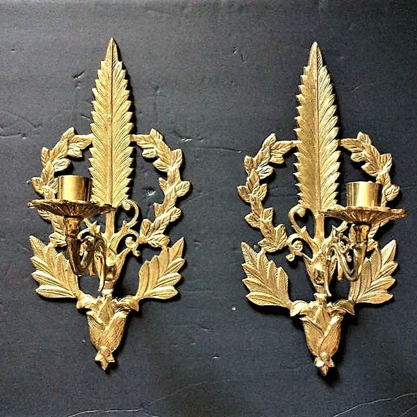 Pair Vintage Candle Sconces Brass Candle Sconces Decorative Sconces Gold Sconce Pair Vintage Wall Decor Regency Deocr Ornate Candle Sconces