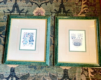 Large Pair of Vintage Botanical Prints in Faux Malachite Frames