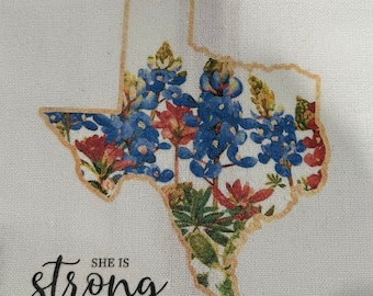 Texas Bluebonnets and Paintbrush, tea towel "She is Strong" Prov