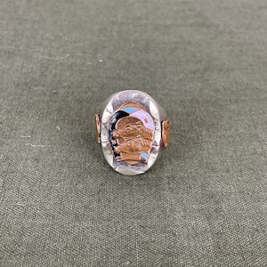 Size 11 1/2 Vintage 1950s Mexican Souvenir Biker Ring with Lucky Horse and Enamel Horseshoe Head and Aztec Warrior with Jaguar Headdress image 2