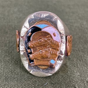 Size 11 1/2 Vintage 1950s Mexican Souvenir Biker Ring with Lucky Horse and Enamel Horseshoe Head and Aztec Warrior with Jaguar Headdress image 5