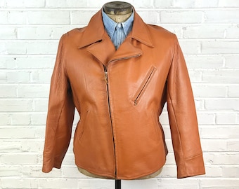 Size 42 - 44 Vintage 1950s Men’s Off Center Zip Bi-Swing Belt Back Leather Jacket 2164