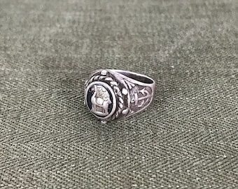 Size 4 1/4 Vintage 1940s Souvenir Ring with Lama, Ships Wheel, and Anchors marked .925 Sterling